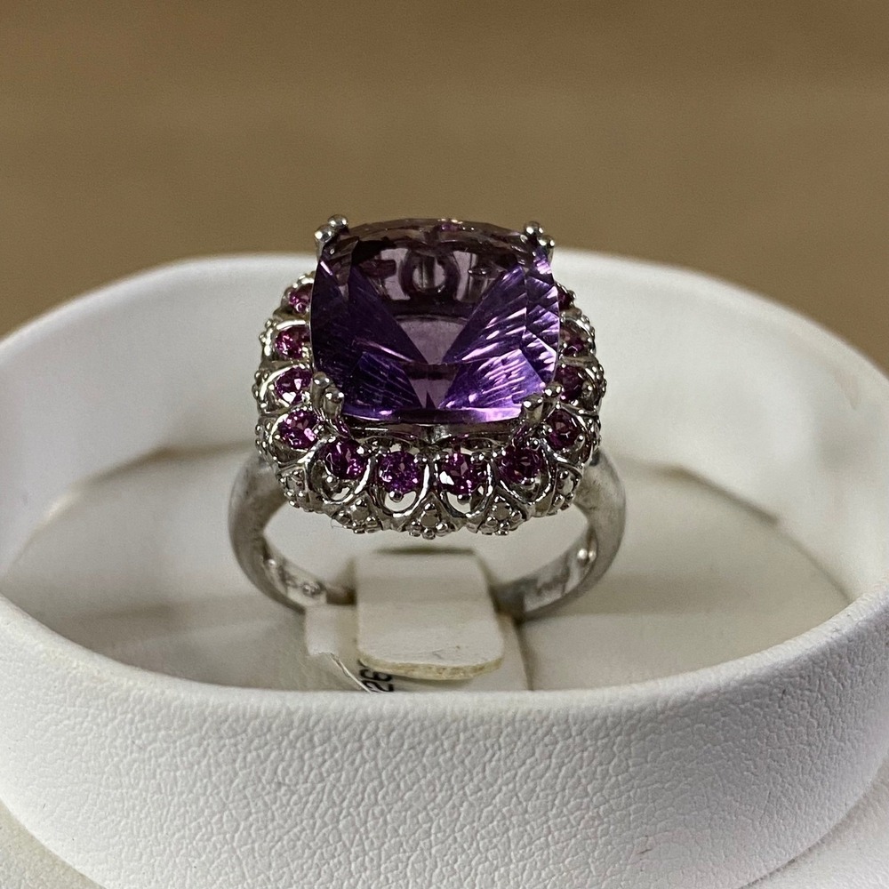 Cushion Purple Fluorite &‎ Rhodolite Garnet Sterling Silver 925 Ring Halo Sz 9
